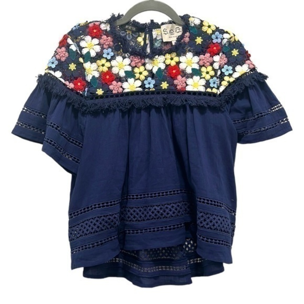 Sea NY Multi Color Floral Embroidered Navy Blue Peasant Blouse Size 2